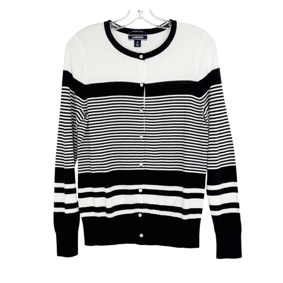Lands End Womens Nautical Striped Cardigan Small Black White 100% Supima Cotton - Picture 1 of 16